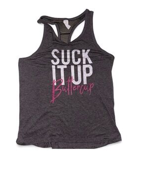 Source Unknown Charcoal Racerback Tank with Pink Script